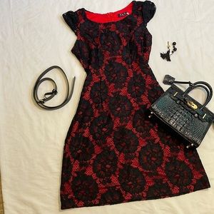 Black Floral Lace Overlay Red Dress Size S